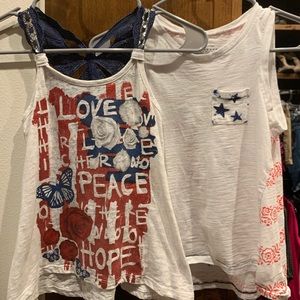 Two girls red white a blue tanks